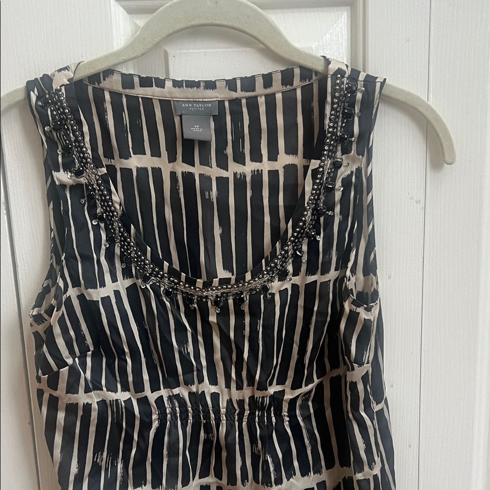 Ann Taylor Black and Cream Sleeveless Top with Beaded Neckline